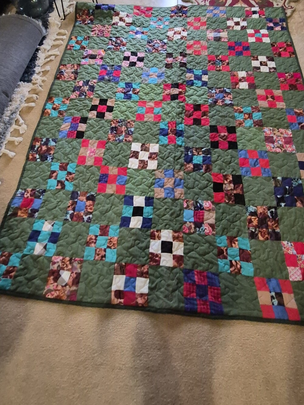 Handmade Patchwork Nine Patch Quilt Green Multicolor 60x77 Large Throw